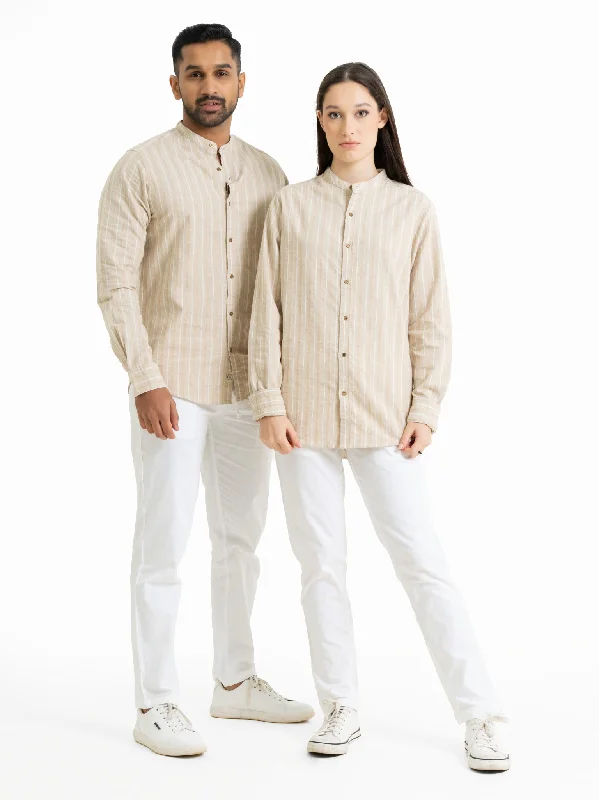 DEEDAT TUSCAN HUES Regular Fit Long Sleeve Casual Shirt - Beige-- Ribbed T-Shirt High Neck Heavyweight
