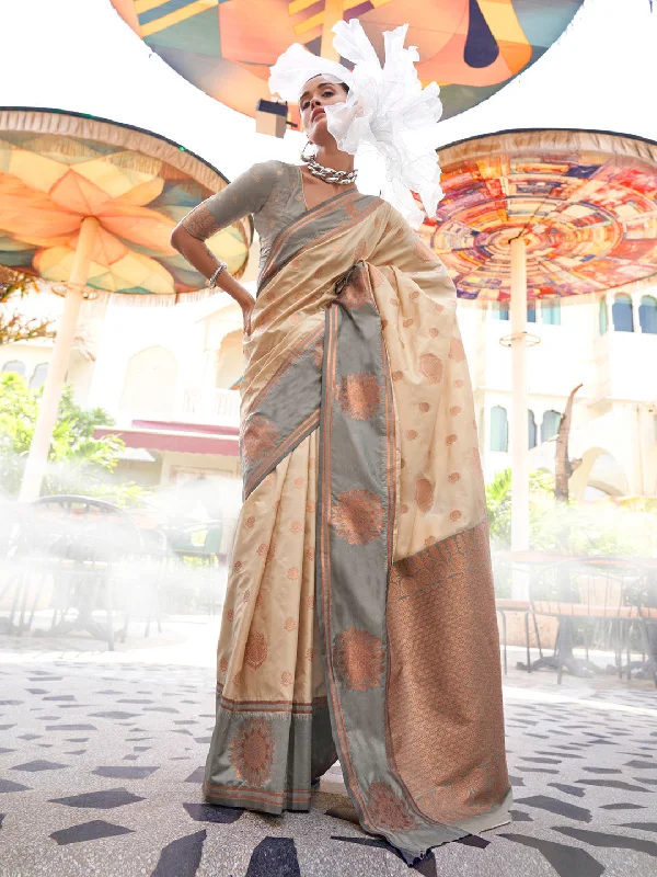 Women's Silk Blend Grey Woven Design Designer Saree With Blouse Piece Lightweight Chiffon Blouse
