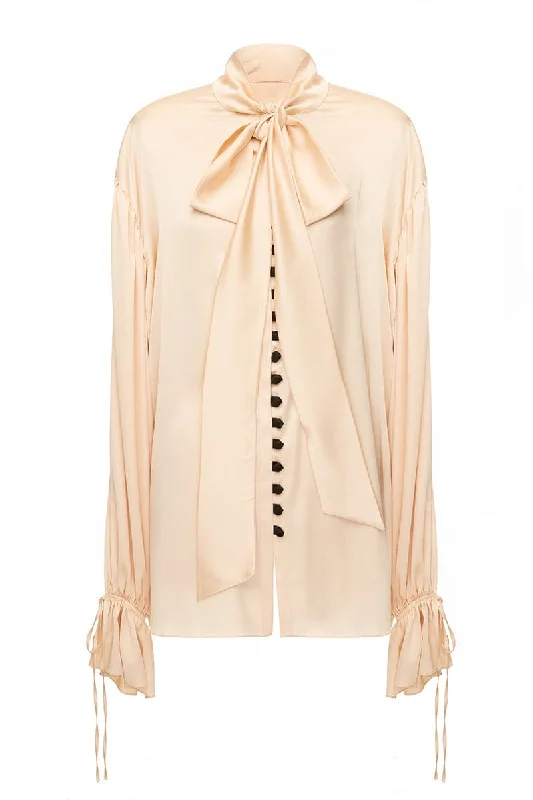 FLARED SLEEVES AND SCARF SHIRT-- Spandex Blend Rayon Blend Denim Blend
