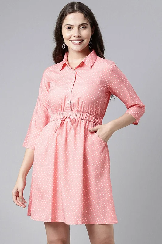 Ahika Pink Crepe Polka Dot Mini Dress Chic Bohemian Mini Dress