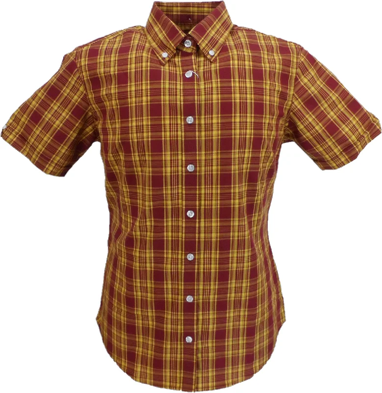 Relco Ladies Retro Burgundy & Mustard Check Button Down Short Sleeved Shirts-- Striped Floral Plaid