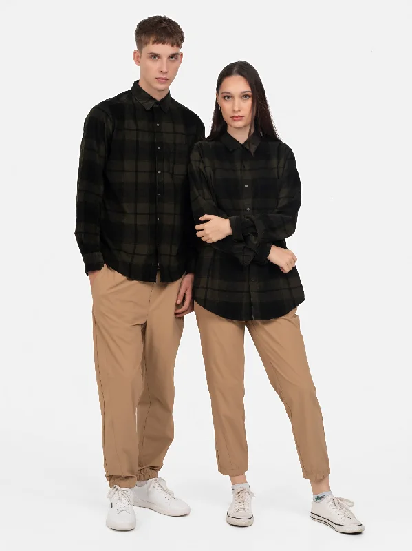 DEEDAT Long Sleeve Check Casual Shirt - Olive-- Welt Pockets Slit Pockets Flap Pockets