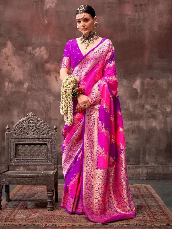 Women's Silk Blend Magenta Woven Design Designer Saree With Blouse Piece Elegant Semi-Sheer Blouse