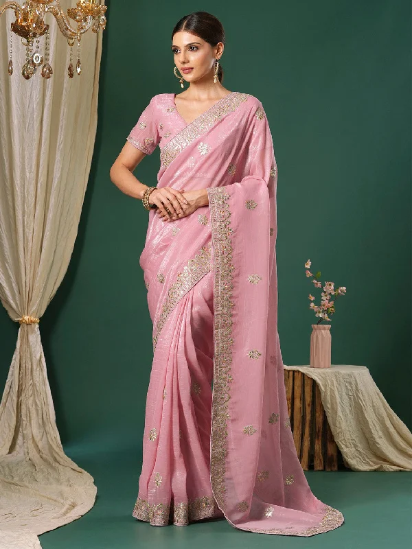 Women's Satin Silk Mauve Embroidered Designer Saree With Blouse Piece Semi-Sheer Blouse