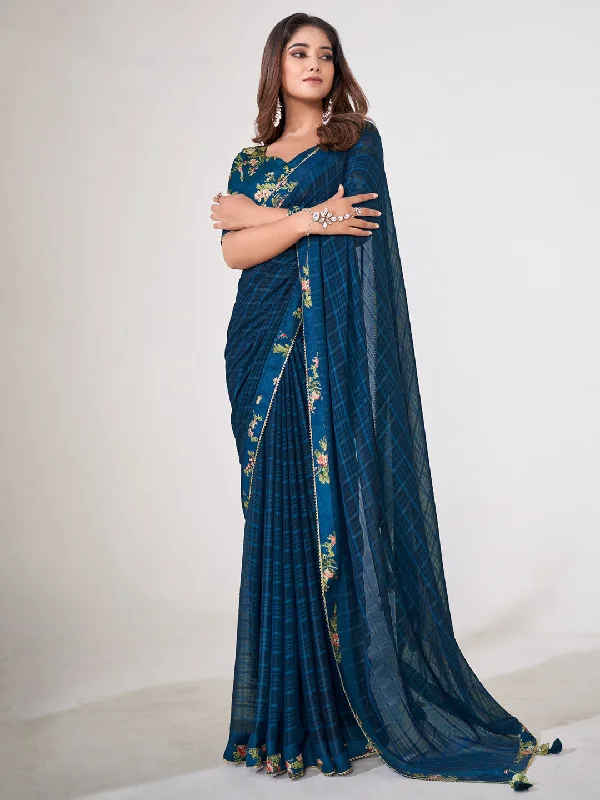 Women's Georgette Navy Blue Embellished Designer Saree With Blouse Piece Sheer Sleeve Blouse