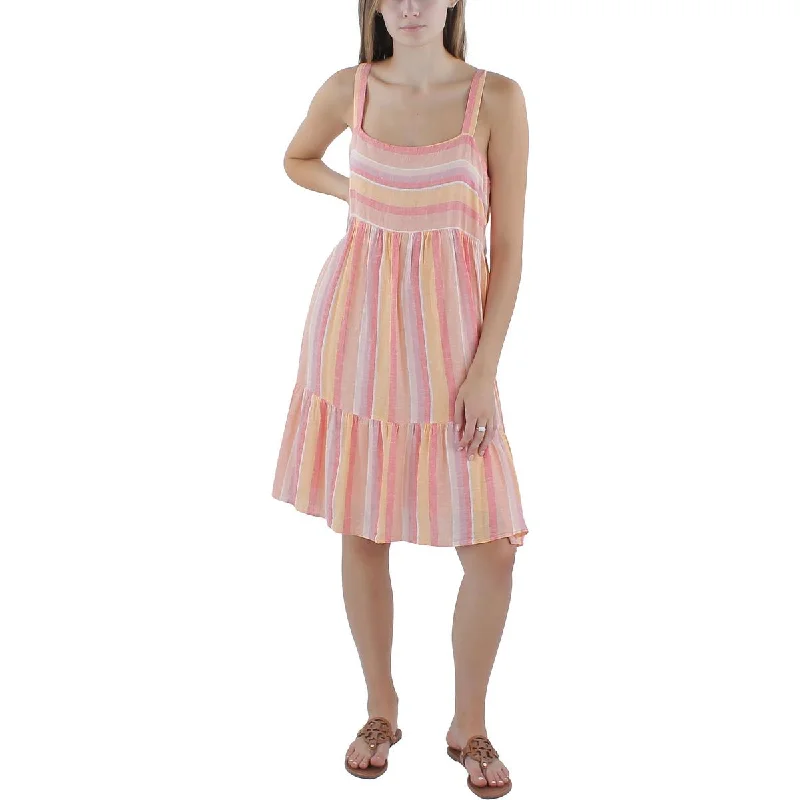 Womens Smocked Linen Mini Dress Trendy Cut-Out Mini Dress