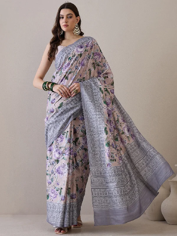 Women's Silk Blend Beige Printed Designer Saree With Blouse Piece Lightweight Chiffon Blouse