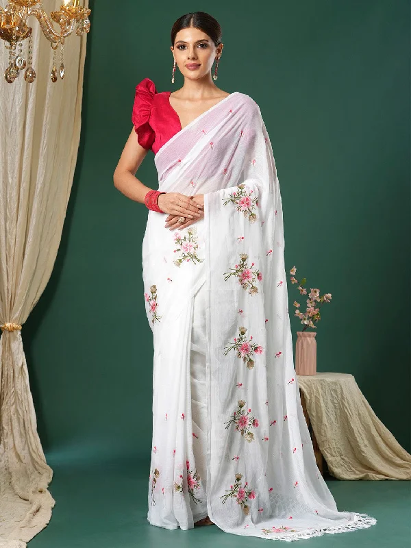 Women's Chiffon Pink Embroidered Designer Saree With Blouse Piece Feminine Pastel Blouse