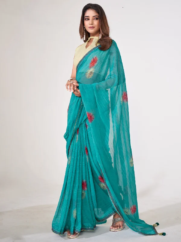 Women's Georgette Off White Embellished Designer Saree With Blouse Piece Balloon Sleeve Blouse