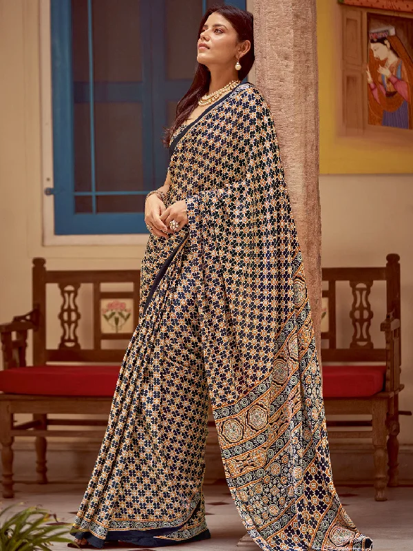 Women's Crepe Black Printed Designer Saree With Blouse Piece Soft Knit Blouse
