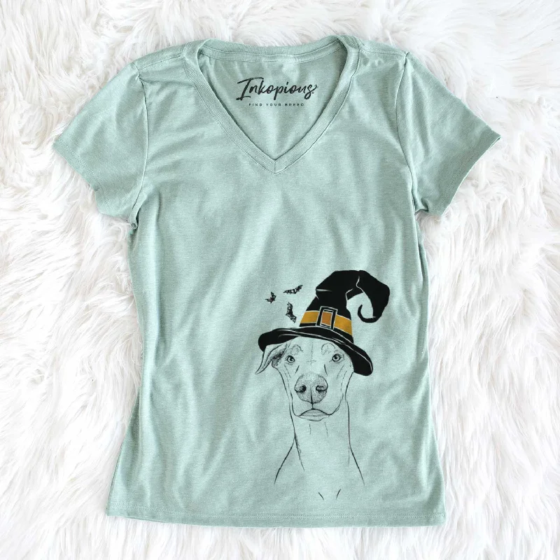 Witch Walter the White Doberman Rescue - Women's V-neck Shirt-- Zippered Buttoned Snapped