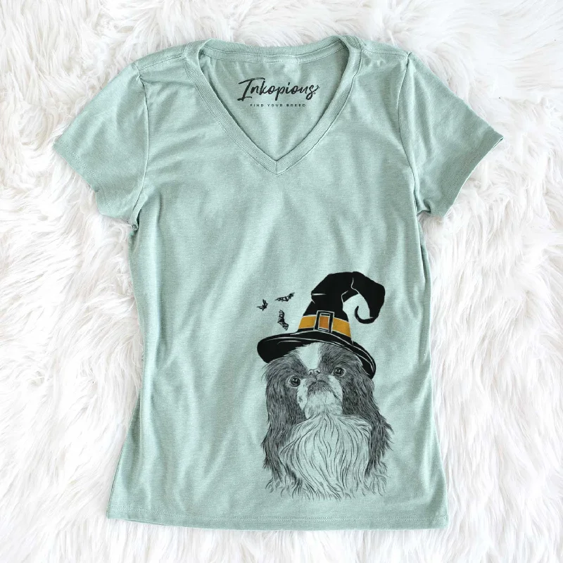 Witch Suki the Japanese Chin - Women's V-neck Shirt-- Faux Fur Fabric Real Fur Fabric Shearling Fabric