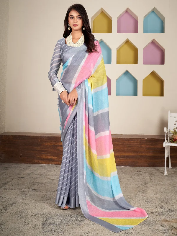 Women's Chiffon Grey Printed Designer Saree With Blouse Piece Ruched Sleeve Blouse