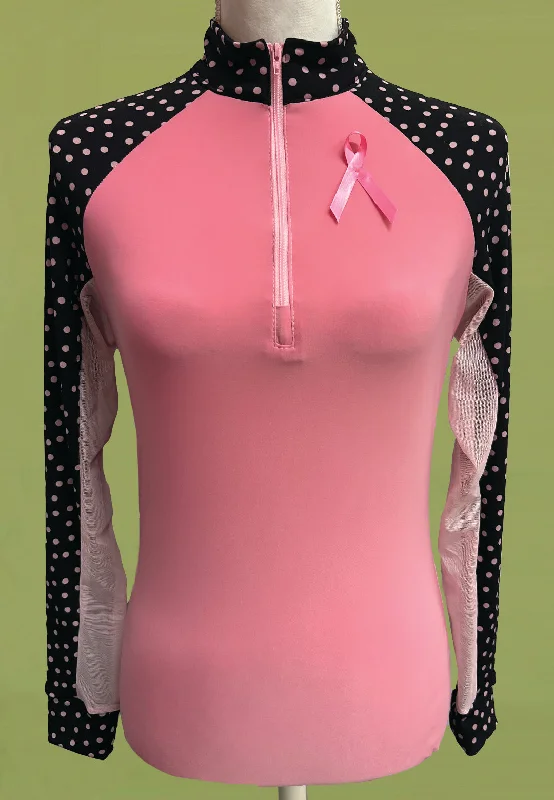 It's a Haggerty's Womens LS Sun Shirt -  Pink w/Polka-Dot Sleeves for Breast Cancer Awareness M-- Rayon Velvet Corduroy