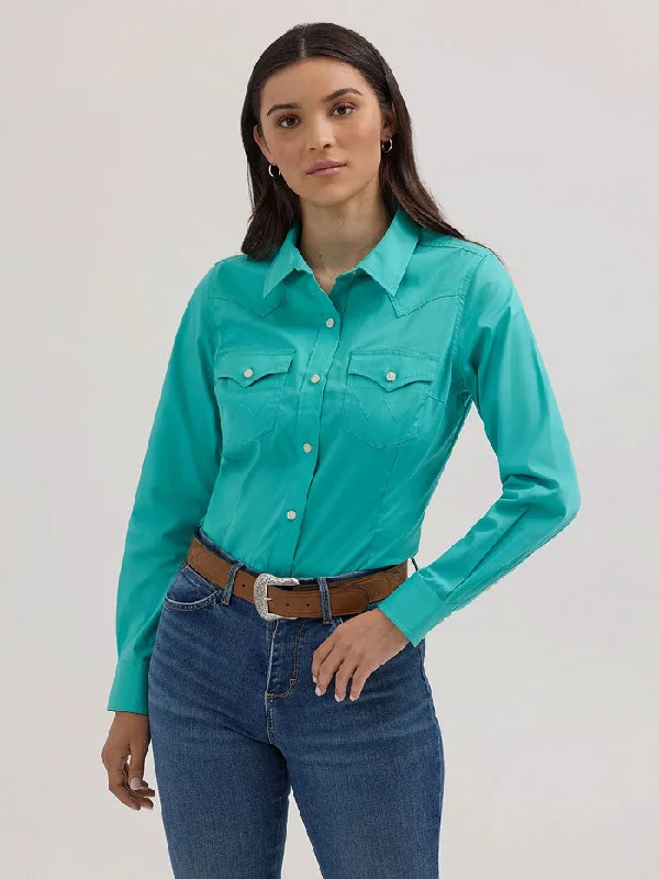 Wrangler 112358060 Womens Western Button Down Shirt Turquoise-- Chenille Fabric Brocade Fabric Lace Fabric