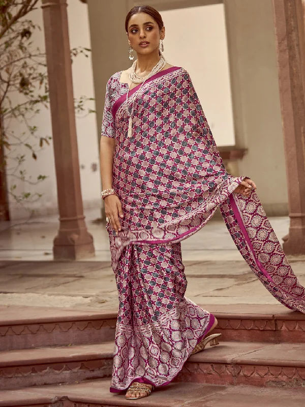 Women's Crepe Magenta Printed Designer Saree With Blouse Piece Elegant Peplum Blouse