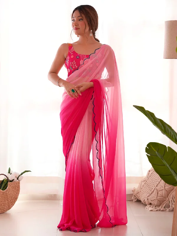 Women's Georgette Pink Embellished Designer Saree With Blouse Piece Feminine Ruffle Blouse
