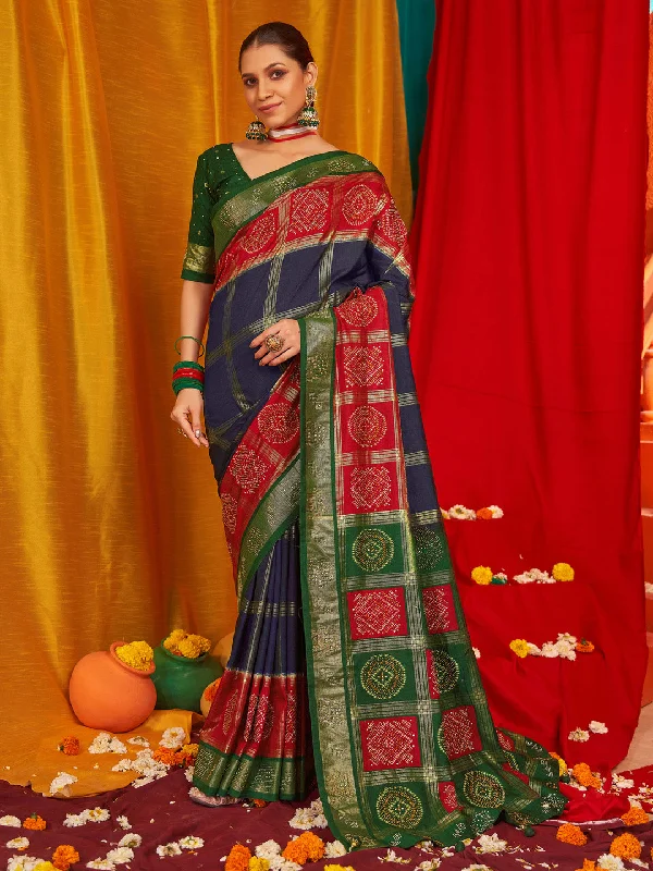 Women's Tussar Silk Green Woven Design Designer Saree With Blouse Piece Boho Printed Blouse