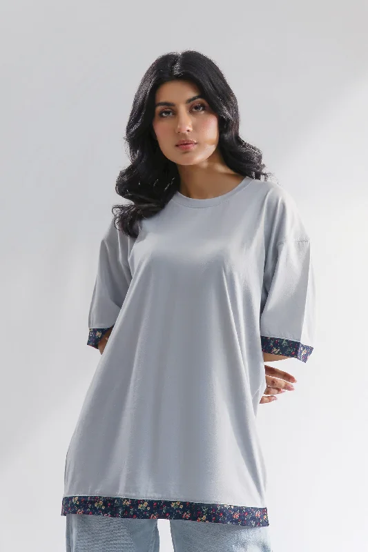 Women T-Shirt With Printed Trims-- Notch Collar Peter Pan Collar Cowl Neck