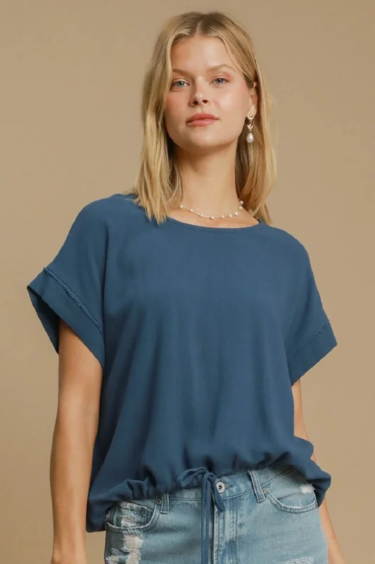 Hazel Blues® |  Umgee Drawstring Hem Round Neck Short Sleeve T-Shirt-- Terry Blend Velvet Blend Canvas Blend