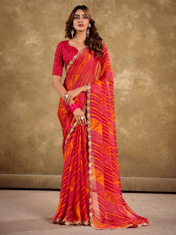 Women's Pure Chiffon Red Embellished Designer Saree With Blouse Piece Frilled Cuff Blouse