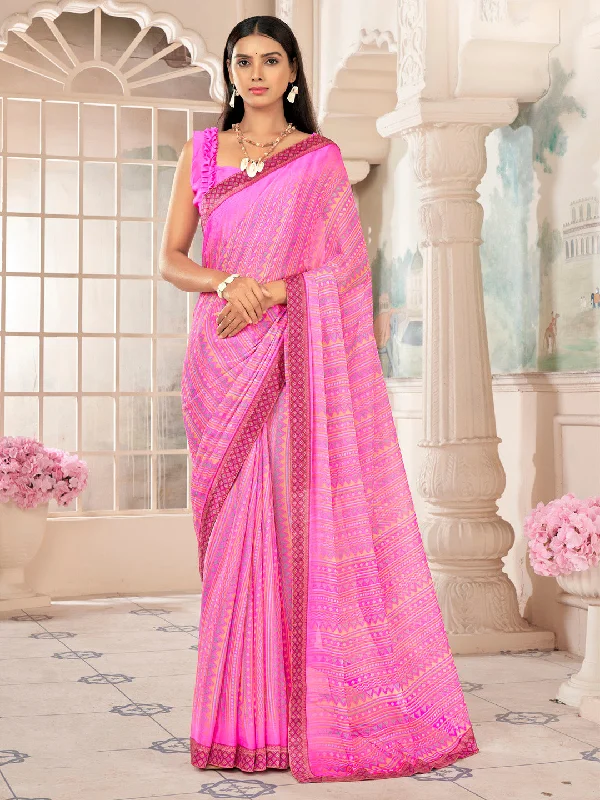 Women's Chiffon Pink Embellished Designer Saree With Blouse Piece Chic Ruffle Blouse