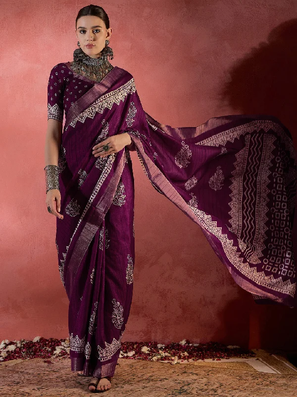 Women's Silk Blend Magenta Printed Designer Saree With Blouse Piece Satin Bow Blouse