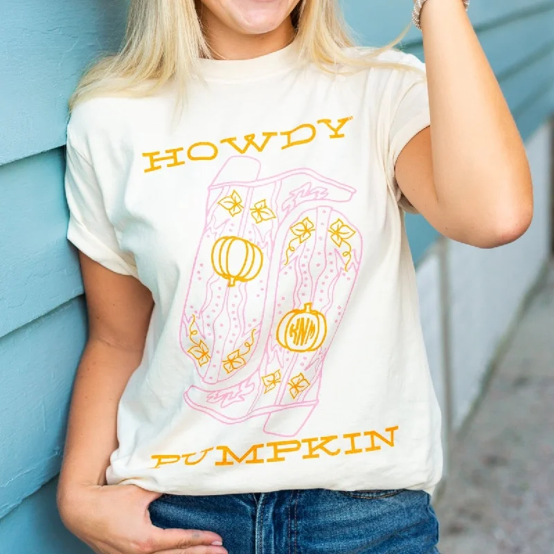 Monogrammed 'Howdy Pumpkin Boots' T-Shirt-- V-Neck T-Shirt Long Sleeve Cotton