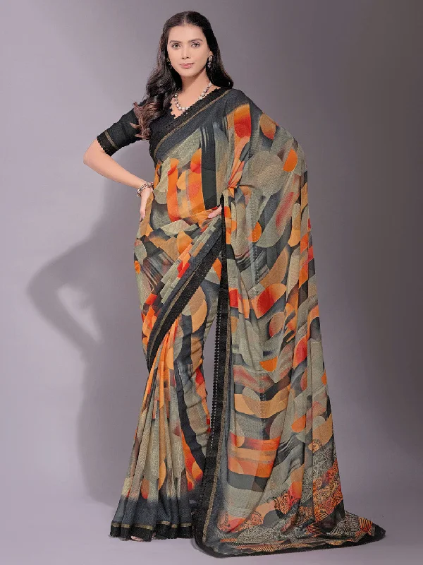 Women's Chiffon Black Printed Designer Saree With Blouse Piece Chic Square Blouse