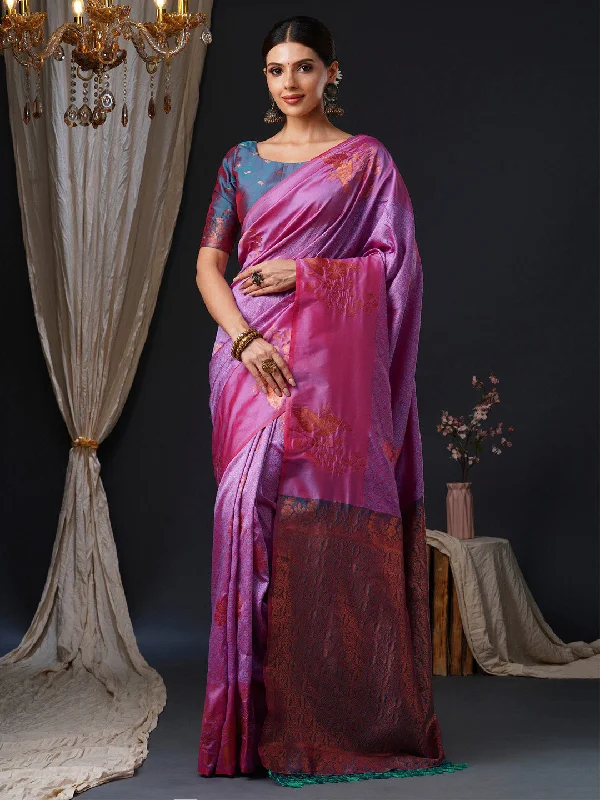 Women's Silk Blend Teal blue Woven Design Designer Saree With Blouse Piece Mandarin Collar Blouse