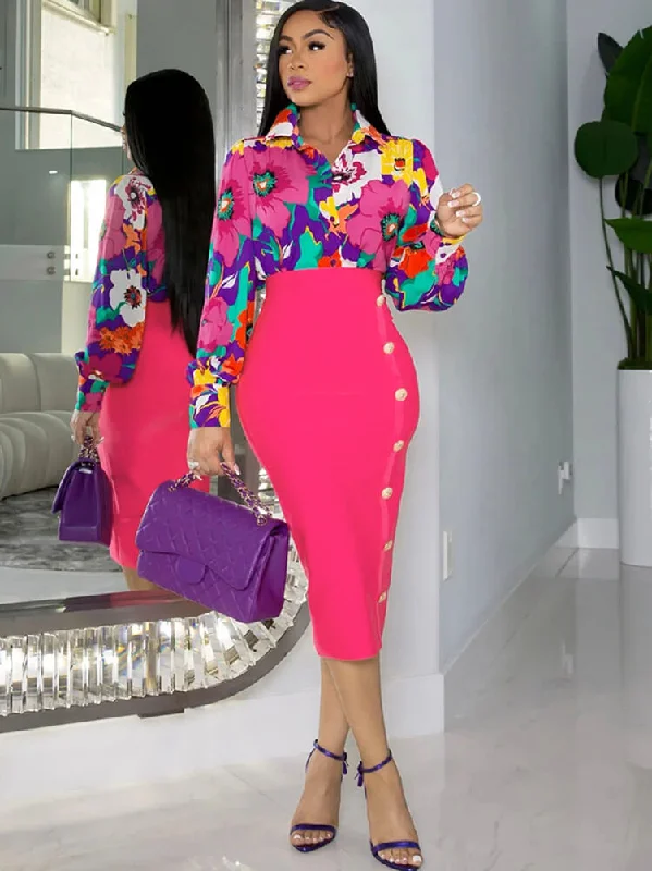Two Piece Floral Print Shirt & Midi Skirts-- Chenille Blend Fleece Blend Nylon Blend