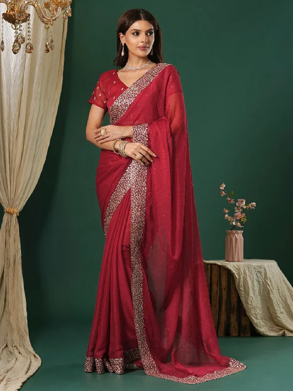 Women's Chiffon Red Embroidered Designer Saree With Blouse Piece Short Sleeve Blouse