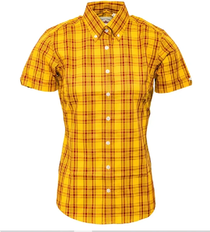 Relco Retro Mustard Burgundy Check Ladies Button Down Short Sleeved Shirts-- V-Neck T-Shirt Long Sleeve Cotton