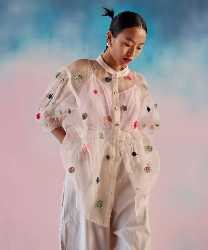 Organza Multicolor Moss Emb Dots Shirt With Inner-- Houndstooth Herringbone Solid