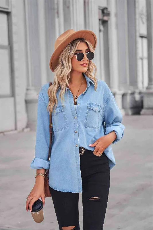 Denim Button Down Shirt-- Asymmetrical Pockets Print