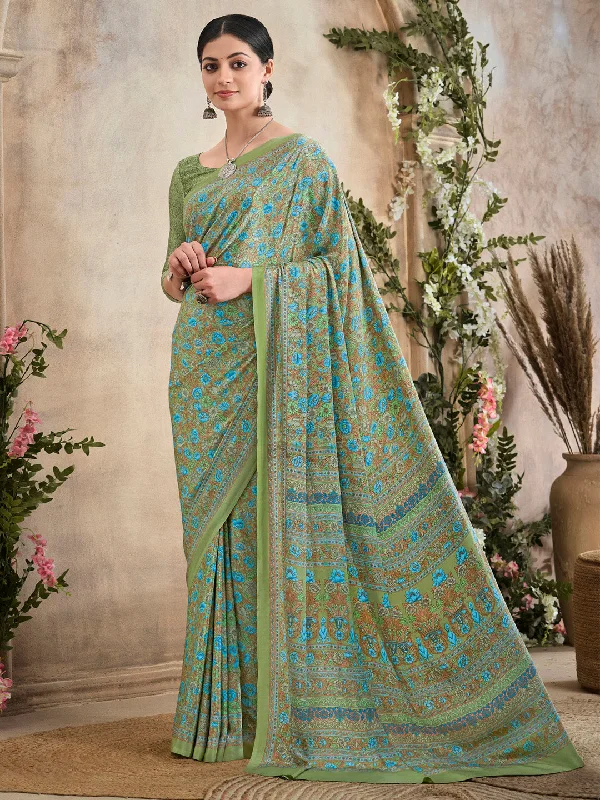 Women's Crepe Light Green Printed Designer Saree With Blouse Piece Elegant Semi-Sheer Blouse