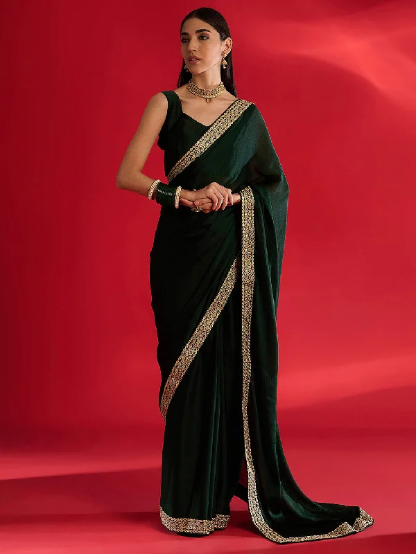 Women's Satin Dark Green Embellished Designer Saree With Blouse Piece Feminine Ruffle Blouse