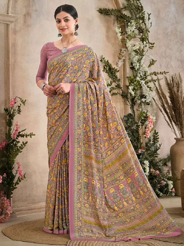 Women's Crepe Mauve Printed Designer Saree With Blouse Piece Stretchy Fitted Blouse
