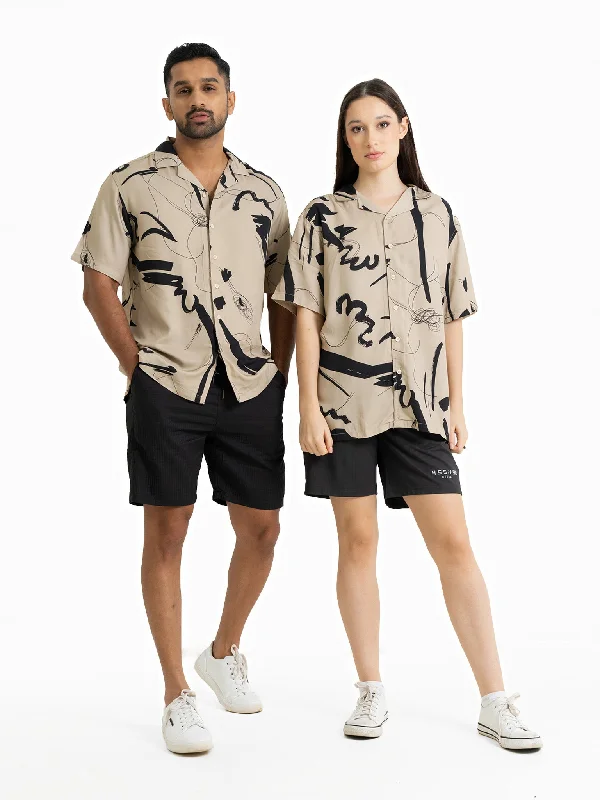 DEEDAT NATURE VERSE Short Sleeve Casual Shirt - Beige & Black-- Denim Fabric Leather Fabric Suede Fabric