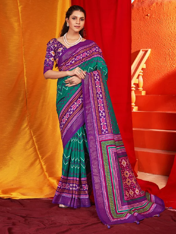 Women's Tussar Silk Purple Printed Designer Saree With Blouse Piece Asymmetric Hem Blouse