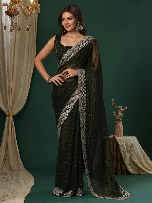 Women's Georgette Olive Embroidered Designer Saree With Blouse Piece Loose Oversized Blouse