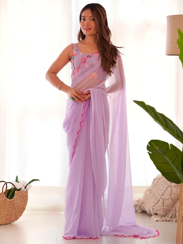 Women's Georgette Lavender Embellished Designer Saree With Blouse Piece Elegant Semi-Sheer Blouse
