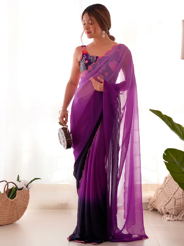 Women's Georgette Purple Embellished Designer Saree With Blouse Piece Sweetheart Neck Blouse