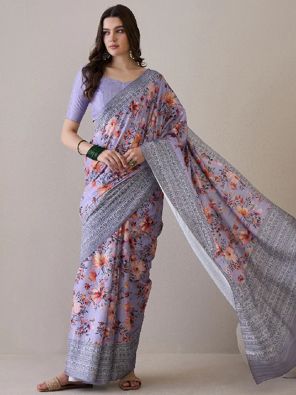 Women's Silk Blend Lavender Printed Designer Saree With Blouse Piece Classic White Blouse