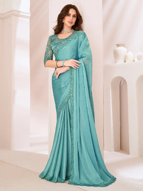 Women's Pure Georgette Turquoise Embellished Designer Saree With Blouse Piece Pastel Color Blouse