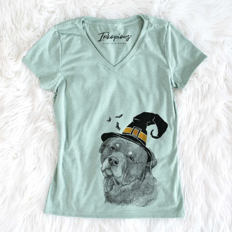 Witch Bender the Rottweiler - Women's V-neck Shirt-- Mesh Blend Leather Blend Suede Blend