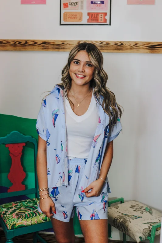 Smooth Sailing Light Blue Sailboat Blouse Polished Work Blouse