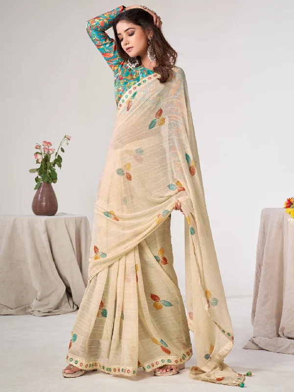 Women's Georgette Light Blue Embellished Designer Saree With Blouse Piece Soft Knit Blouse
