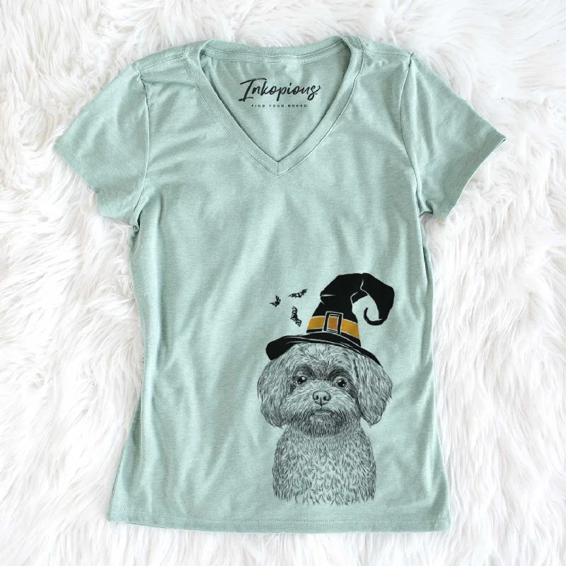 Witch Stella the Shih Tzu Mix - Women's V-neck Shirt-- Polka Dot Checkered Tartan