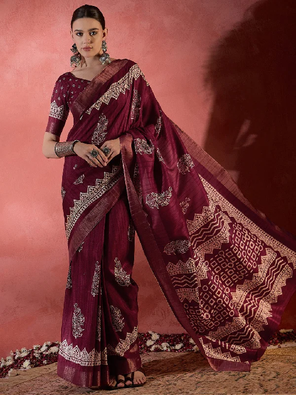 Women's Silk Blend Burgundy Printed Designer Saree With Blouse Piece Smart Casual Blouse